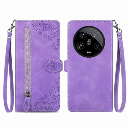 Embossed Flower Zipper Leather Phone Case, For Xiaomi Redmi 13C 5G, For Xiaomi Redmi K70E, For Xiaomi Poco X6 Pro, For Xiaomi  14 Ultra