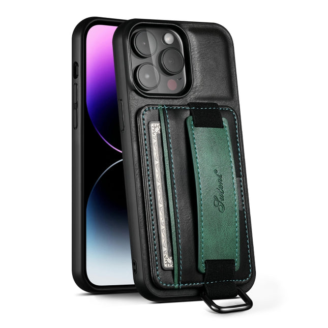 Suteni H13 Card Wallet Wrist Strap Holder PU Phone Case, For iPhone 16 Pro, For iPhone 16 Plus, For iPhone 16, For iPhone 15 Pro Max, For iPhone 15 Pro, For iPhone 15 Plus, For iPhone 15, For iPhone 17e / 16e