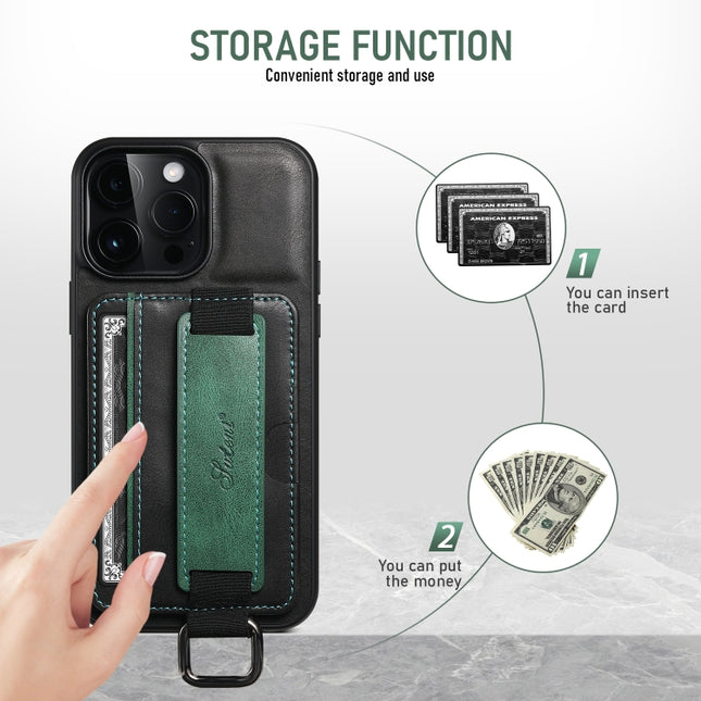 Suteni H13 Card Wallet Wrist Strap Holder PU Phone Case, For iPhone 16 Pro, For iPhone 16 Plus, For iPhone 16, For iPhone 15 Pro Max, For iPhone 15 Pro, For iPhone 15 Plus, For iPhone 15, For iPhone 17e / 16e