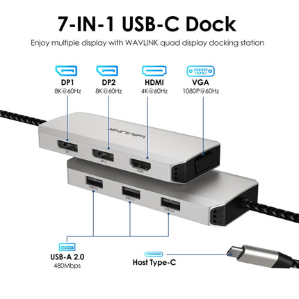 WAVLINK WL-UMD307 Type-C to 2DP + 4K HD + VGA + 3 x USB2.0 HUB Docking Station, UMD307