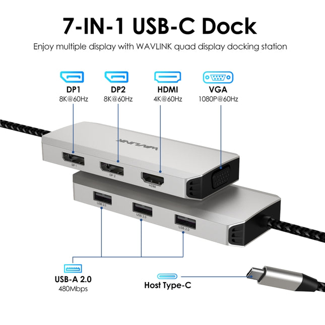 WAVLINK WL-UMD307 Type-C to 2DP + 4K HD + VGA + 3 x USB2.0 HUB Docking Station, UMD307