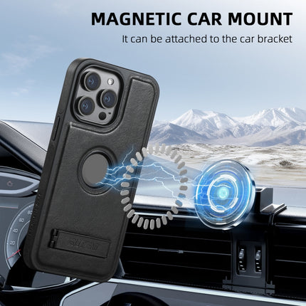 Suteni G2 Magsafe Oil Wax Leather Back Phone Case with Holder, For iPhone 16 Pro, For iPhone 16 Plus, For iPhone 16, For iPhone 15 Pro Max, For iPhone 15 Pro, For iPhone 15 Plus, For iPhone 15, For iPhone 14 Plus