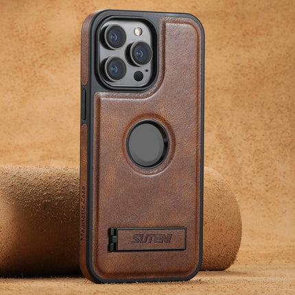 Suteni G2 Magsafe Oil Wax Leather Back Phone Case with Holder, For iPhone 16 Pro, For iPhone 16 Plus, For iPhone 16, For iPhone 15 Pro Max, For iPhone 15 Pro, For iPhone 15 Plus, For iPhone 15, For iPhone 14 Plus