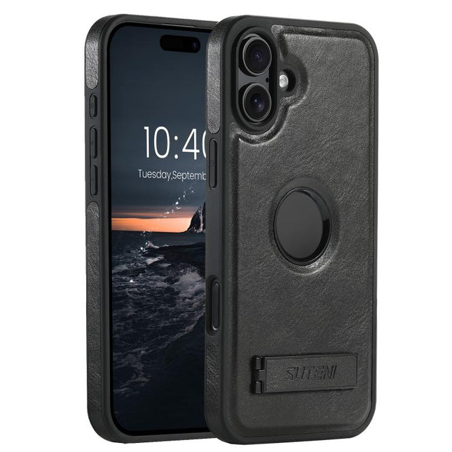 Suteni G2 Magsafe Oil Wax Leather Back Phone Case with Holder, For iPhone 16 Pro, For iPhone 16 Plus, For iPhone 16, For iPhone 15 Pro Max, For iPhone 15 Pro, For iPhone 15 Plus, For iPhone 15, For iPhone 14 Plus