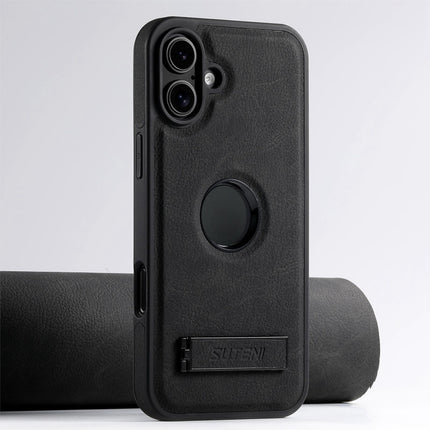 Suteni G2 Magsafe Litchi Texture Leather Back Phone Case with Holder, For iPhone 16 Pro, For iPhone 16 Plus, For iPhone 16, For iPhone 15 Pro Max, For iPhone 15 Pro, For iPhone 15 Plus, For iPhone 15, For iPhone 14 Plus
