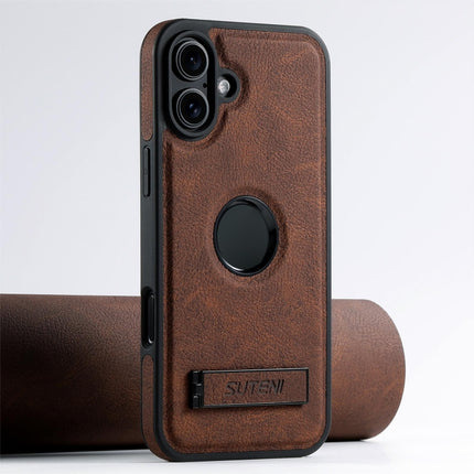 Suteni G2 Magsafe Litchi Texture Leather Back Phone Case with Holder, For iPhone 16 Pro, For iPhone 16 Plus, For iPhone 16, For iPhone 15 Pro Max, For iPhone 15 Pro, For iPhone 15 Plus, For iPhone 15, For iPhone 14 Plus