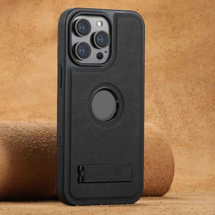 Suteni G2 Magsafe Litchi Texture Leather Back Phone Case with Holder, For iPhone 16 Pro, For iPhone 16 Plus, For iPhone 16, For iPhone 15 Pro Max, For iPhone 15 Pro, For iPhone 15 Plus, For iPhone 15, For iPhone 14 Plus