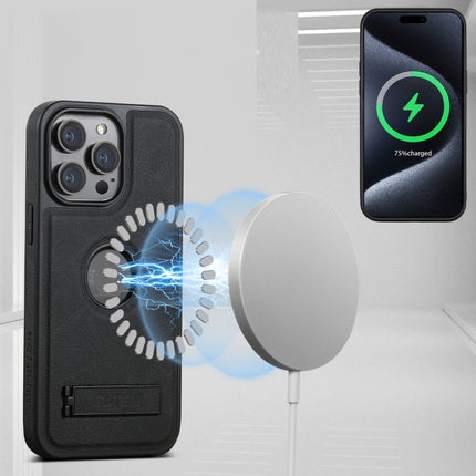 Suteni G2 Magsafe Litchi Texture Leather Back Phone Case with Holder, For iPhone 16 Pro, For iPhone 16 Plus, For iPhone 16, For iPhone 15 Pro Max, For iPhone 15 Pro, For iPhone 15 Plus, For iPhone 15, For iPhone 14 Plus