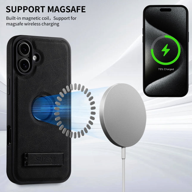 Suteni G2 Magsafe Litchi Texture Leather Back Phone Case with Holder, For iPhone 16 Pro, For iPhone 16 Plus, For iPhone 16, For iPhone 15 Pro Max, For iPhone 15 Pro, For iPhone 15 Plus, For iPhone 15, For iPhone 14 Plus