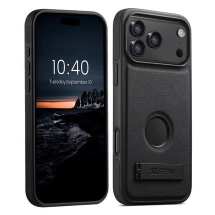 Suteni G2 Magsafe Litchi Texture Leather Back Phone Case with Holder, For iPhone 18, For iPhone 18 Pro, For iPhone 18 Pro Max, For iPhone 17 Pro Max, For iPhone 17 Pro, For iPhone 17, For iPhone Air, For iPhone 16 Pro Max