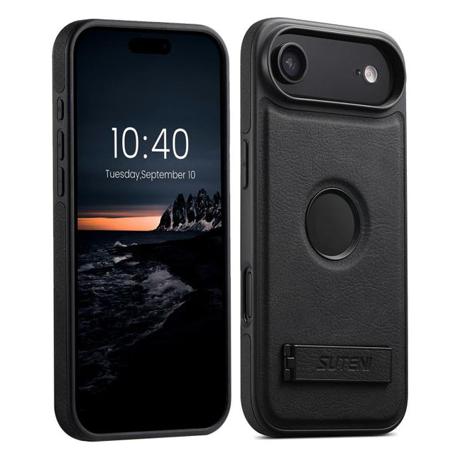 Suteni G2 Magsafe Litchi Texture Leather Back Phone Case with Holder, For iPhone 18, For iPhone 18 Pro, For iPhone 18 Pro Max, For iPhone 17 Pro Max, For iPhone 17 Pro, For iPhone 17, For iPhone Air, For iPhone 16 Pro Max