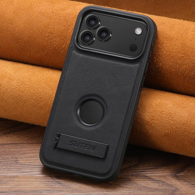 Suteni G2 Magsafe Litchi Texture Leather Back Phone Case with Holder, For iPhone 18, For iPhone 18 Pro, For iPhone 18 Pro Max, For iPhone 17 Pro Max, For iPhone 17 Pro, For iPhone 17, For iPhone Air, For iPhone 16 Pro Max