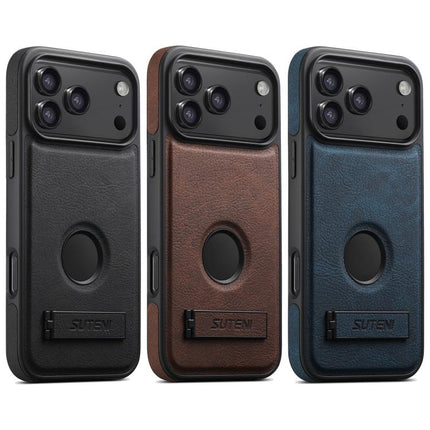Suteni G2 Magsafe Litchi Texture Leather Back Phone Case with Holder, For iPhone 12 Pro