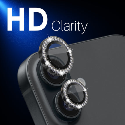 NORTHJO Rhinestone Camera Lens Protector Tempered Glass Metal Ring Film, For iPhone 16 / 16 Plus