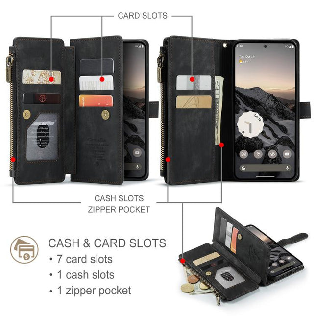 CaseMe C30 Card Slots Zipper Wallet Leather Phone Case, For Google Pixel 11 / 11 Pro, For Google Pixel 10a, For Google Pixel 9 Pro XL / 10 Pro XL, For Google Pixel 10 / 10 Pro / 9, For Google Pixel 9a, For Google Pixel 11 Pro XL