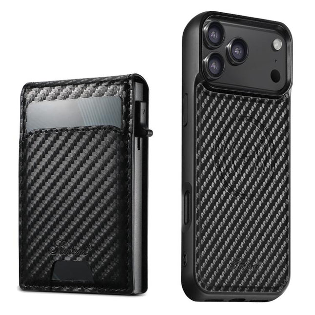 Suteni H19 Carbon Fiber Grain 2-in-1 MagSafe Removable Card Box Back Phone Case, For iPhone 17 Pro Max, For iPhone 17 Pro, For iPhone 17, For iPhone Air, For iPhone 16 Pro Max, For iPhone 16 Pro, For iPhone 16 Plus, For iPhone 16, For iPhone 15 Pro Max...