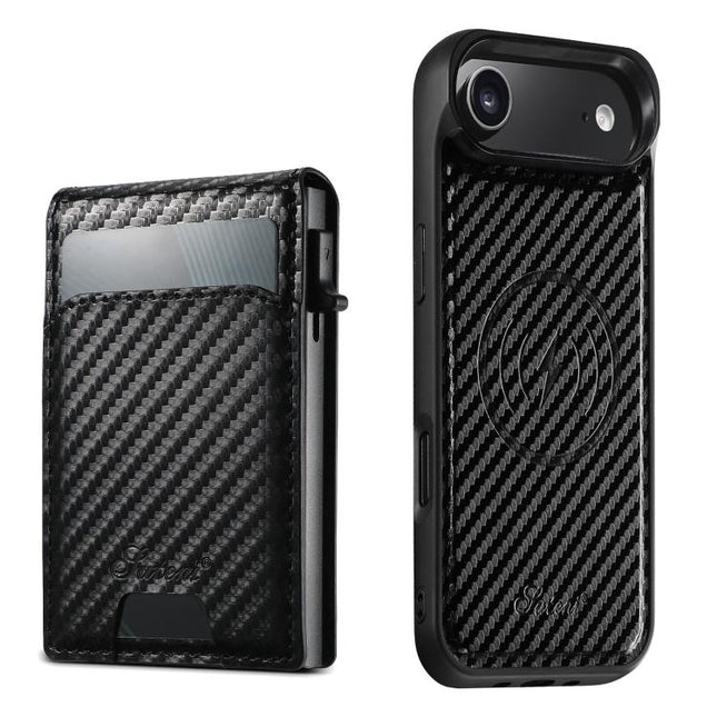 Suteni H19 Carbon Fiber Grain 2-in-1 MagSafe Removable Card Box Back Phone Case, For iPhone 18, For iPhone 18 Pro, For iPhone 18 Pro Max, For iPhone 17 Pro Max, For iPhone 17 Pro, For iPhone 17, For iPhone Air, For iPhone 16 Pro Max, For iPhone 16 Pro ...