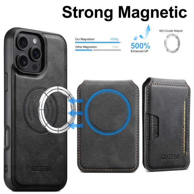 Suteni M3 Card Bag MagSafe Cowhide Texture Leather Phone Case, For iPhone 16 Pro, For iPhone 16 Plus, For iPhone 16, For iPhone 15 Pro Max, For iPhone 15 Pro, For iPhone 15 Plus, For iPhone 15, For iPhone 14 Plus