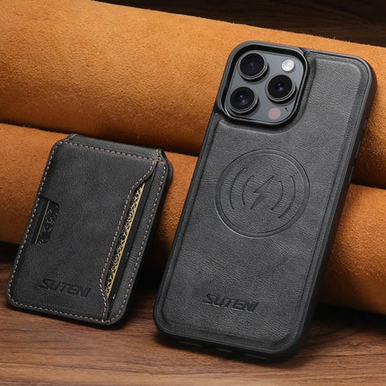 Suteni M3 Card Bag MagSafe Cowhide Texture Leather Phone Case, For iPhone 16 Pro, For iPhone 16 Plus, For iPhone 16, For iPhone 15 Pro Max, For iPhone 15 Pro, For iPhone 15 Plus, For iPhone 15, For iPhone 14 Plus