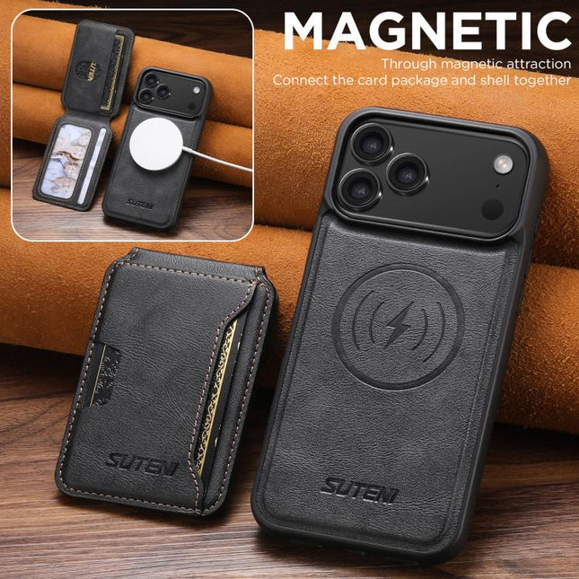 Suteni M3 Card Bag MagSafe Cowhide Texture Leather Phone Case, For iPhone 18, For iPhone 18 Pro, For iPhone 18 Pro Max, For iPhone 17 Pro Max, For iPhone 17 Pro, For iPhone 17, For iPhone Air, For iPhone 16 Pro Max