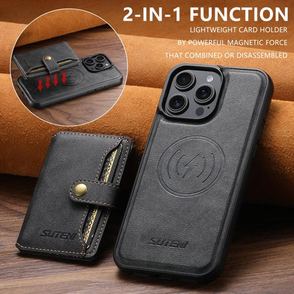 Suteni M4 Magnetic Card Bag MagSafe Leather Phone Case, For iPhone 16 Pro, For iPhone 16 Plus, For iPhone 16, For iPhone 15 Pro Max, For iPhone 15 Pro, For iPhone 15 Plus, For iPhone 15, For iPhone 14 Plus