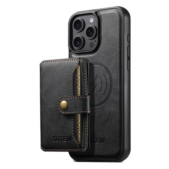 Suteni M4 Magnetic Card Bag MagSafe Leather Phone Case, For iPhone 16 Pro, For iPhone 16 Plus, For iPhone 16, For iPhone 15 Pro Max, For iPhone 15 Pro, For iPhone 15 Plus, For iPhone 15, For iPhone 14 Plus
