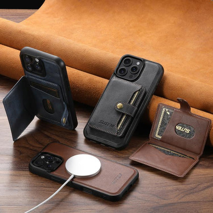 Suteni M4 Magnetic Card Bag MagSafe Leather Phone Case, For iPhone 16 Pro, For iPhone 16 Plus, For iPhone 16, For iPhone 15 Pro Max, For iPhone 15 Pro, For iPhone 15 Plus, For iPhone 15, For iPhone 14 Plus