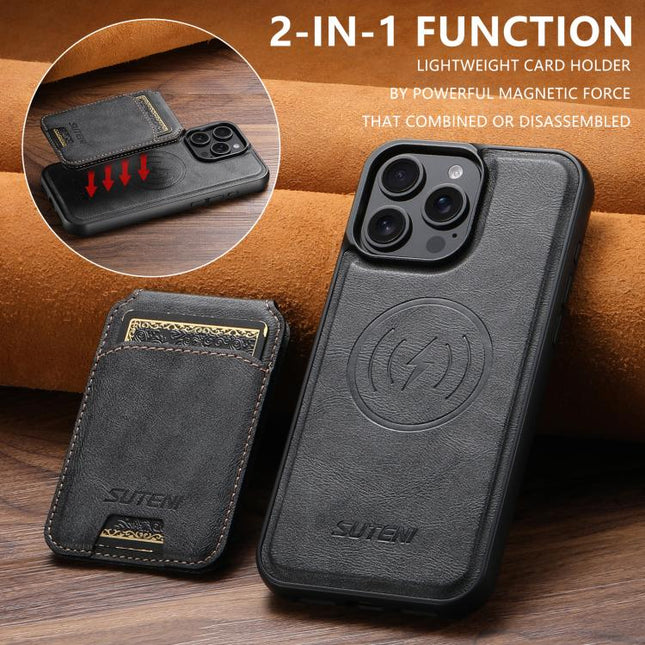 Suteni M5 Magnetic Card Bag MagSafe Cowhide Texture Leather Phone Case, For iPhone 16 Pro, For iPhone 16 Plus, For iPhone 16, For iPhone 15 Pro Max, For iPhone 15 Pro, For iPhone 15 Plus, For iPhone 15, For iPhone 14 Plus