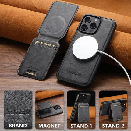 Suteni M5 Magnetic Card Bag MagSafe Cowhide Texture Leather Phone Case, For iPhone 16 Pro, For iPhone 16 Plus, For iPhone 16, For iPhone 15 Pro Max, For iPhone 15 Pro, For iPhone 15 Plus, For iPhone 15, For iPhone 14 Plus