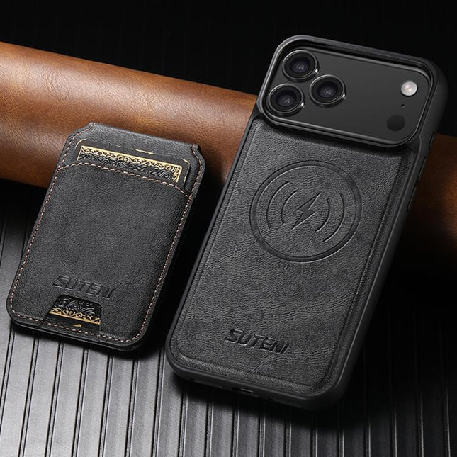 Suteni M5 Magnetic Card Bag MagSafe Cowhide Texture Leather Phone Case, For iPhone 18, For iPhone 18 Pro, For iPhone 18 Pro Max, For iPhone 17 Pro Max, For iPhone 17 Pro, For iPhone 17, For iPhone Air, For iPhone 16 Pro Max