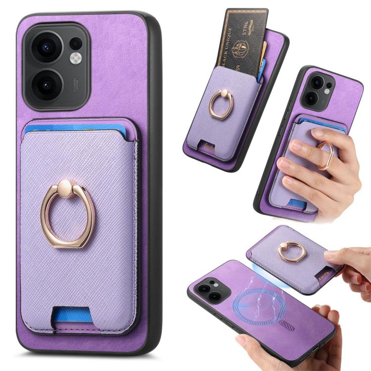Retro Cross Leather Ring Vertical Insert Card Bag MagSafe Phone Case, For OPPO Reno13 Pro Global, For OPPO Reno13 Global, For OPPO Reno13 F