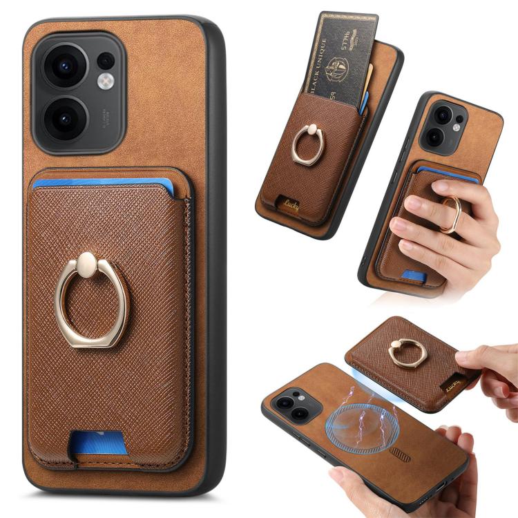 Retro Cross Leather Ring Vertical Insert Card Bag MagSafe Phone Case, For OPPO Reno13 Pro Global, For OPPO Reno13 Global, For OPPO Reno13 F