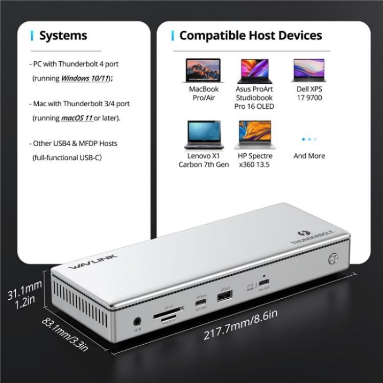 WAVLINK UTD45 96W Charging 8K / 4K Display Thunderbolt 4 Docking Station 13-in-1 Hub, US Plug, UK Plug, EU Plug, AU Plug