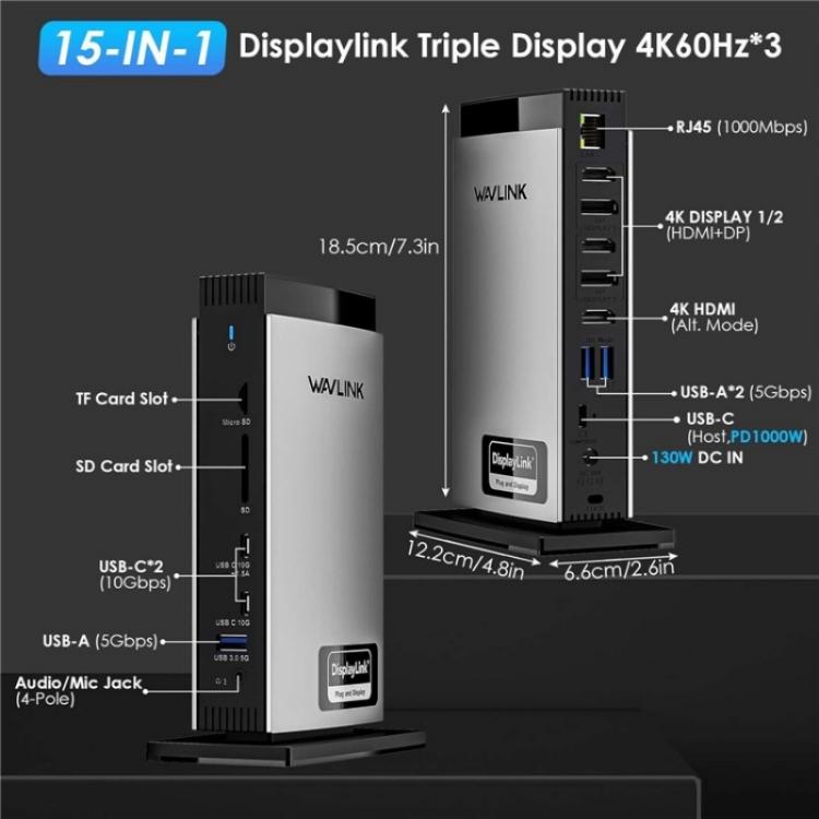 WAVLINK WL-UG69PD13Pro DisplayLink Docking Station 15 in 1 USB-C Hub for MacBook Laptop, UG69PD13Pro
