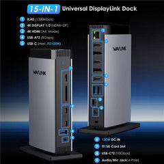 WAVLINK WL-UG69PD13Pro DisplayLink Docking Station 15 in 1 USB-C Hub for MacBook Laptop, UG69PD13Pro
