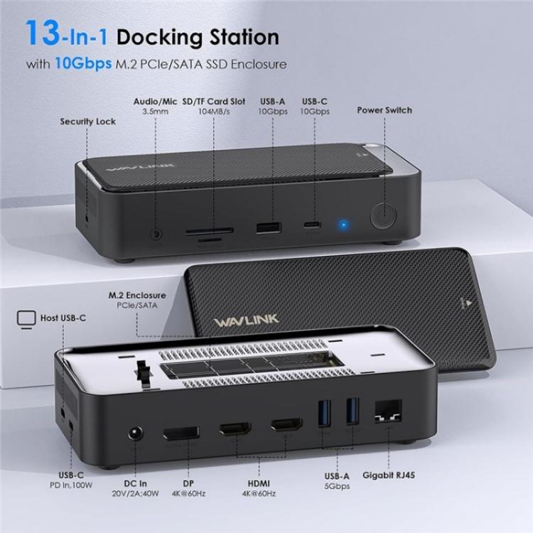 WAVLINK UMD23M For Laptop Tablet 13 in 1 USB-C Hub 10Gbps M.2 Pcie / SATA SSD Enclosure, UMD23M