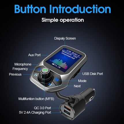 T43 Car Bluetooth Mp3 Multi-function Large Color Screen QC3.0 Bluetooth Car Charge Lossless Car Bluetooth Player, T43