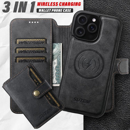 Suteni Q05S1 3-in-1 Detachable Wallet MagSafe Leather Phone Case, For iPhone 14, For iPhone 14 Pro, For iPhone 14 Pro Max, For iPhone 13 Pro Max, For iPhone 13 Pro, For iPhone 13, For iPhone 12, For iPhone 12 Pro Max