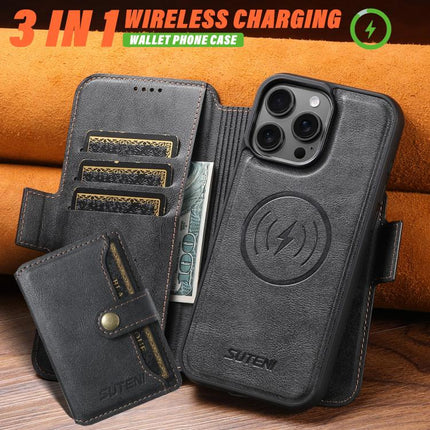Suteni Q06S1 3-in-1 Splicing Detachable Wallet MagSafe Leather Phone Case, For iPhone 16 Pro, For iPhone 16 Plus, For iPhone 16, For iPhone 15 Pro Max, For iPhone 15 Pro, For iPhone 15 Plus, For iPhone 15, For iPhone 14 Plus