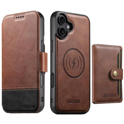 Suteni Q06S1 3-in-1 Splicing Detachable Wallet MagSafe Leather Phone Case, For iPhone 16 Pro, For iPhone 16 Plus, For iPhone 16, For iPhone 15 Pro Max, For iPhone 15 Pro, For iPhone 15 Plus, For iPhone 15, For iPhone 14 Plus