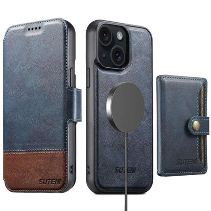 Suteni Q06S1 3-in-1 Splicing Detachable Wallet MagSafe Leather Phone Case, For iPhone 16 Pro, For iPhone 16 Plus, For iPhone 16, For iPhone 15 Pro Max, For iPhone 15 Pro, For iPhone 15 Plus, For iPhone 15, For iPhone 14 Plus