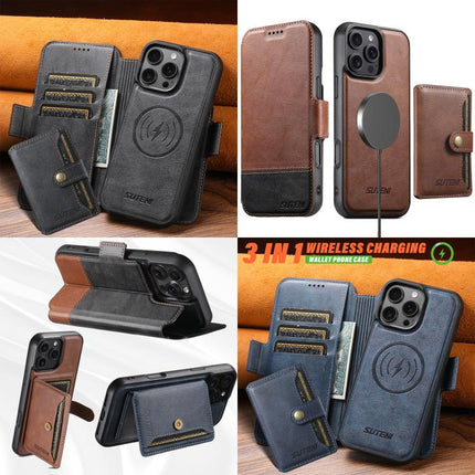 Suteni Q06S1 3-in-1 Splicing Detachable Wallet MagSafe Leather Phone Case, For iPhone 14, For iPhone 14 Pro, For iPhone 14 Pro Max, For iPhone 13 Pro Max, For iPhone 13 Pro, For iPhone 13, For iPhone 12, For iPhone 12 Pro Max