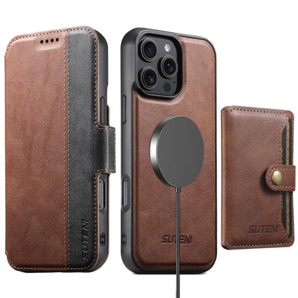 Suteni Q07S1 3-in-1 Detachable Wallet MagSafe Splicing Leather Phone Case, For iPhone 16 Pro, For iPhone 16 Plus, For iPhone 16, For iPhone 15 Pro Max, For iPhone 15 Pro, For iPhone 15 Plus, For iPhone 15, For iPhone 14 Plus