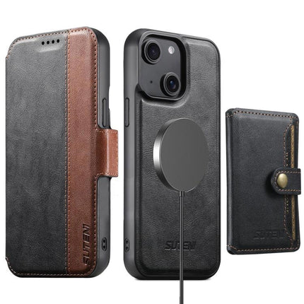 Suteni Q07S1 3-in-1 Detachable Wallet MagSafe Splicing Leather Phone Case, For iPhone 16 Pro, For iPhone 16 Plus, For iPhone 16, For iPhone 15 Pro Max, For iPhone 15 Pro, For iPhone 15 Plus, For iPhone 15, For iPhone 14 Plus