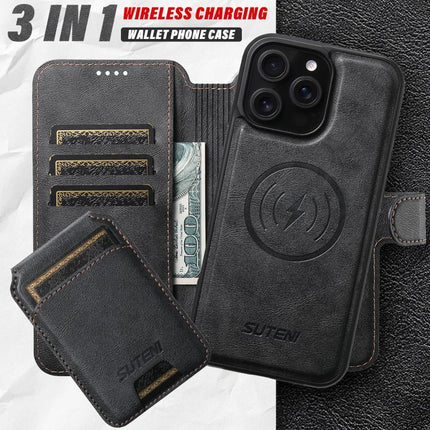 Suteni Q05S2 3-in-1 Detachable Vertical Flip Wallet MagSafe Leather Phone Case, For iPhone 12 Pro