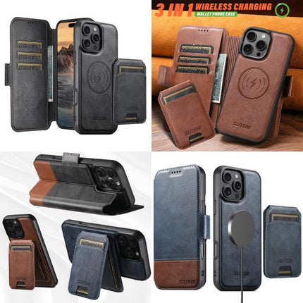 Suteni Q06S2 3-in-1 Detachable Vertical Flip Wallet MagSafe Splicing Leather Phone Case, For iPhone 16 Pro, For iPhone 16 Plus, For iPhone 16, For iPhone 15 Pro Max, For iPhone 15 Pro, For iPhone 15 Plus, For iPhone 15, For iPhone 14 Plus