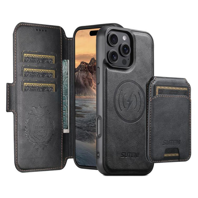 Suteni Q07S2 3-in-1 Detachable Vertical Flip Wallet MagSafe Splicing Leather Phone Case, For iPhone 16 Pro, For iPhone 16 Plus, For iPhone 16, For iPhone 15 Pro Max, For iPhone 15 Pro, For iPhone 15 Plus, For iPhone 15, For iPhone 14 Plus
