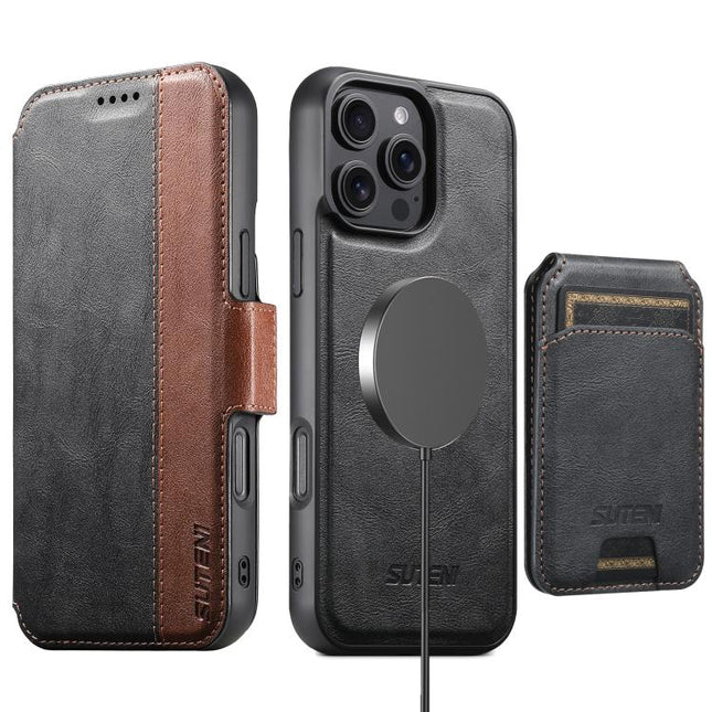 Suteni Q07S2 3-in-1 Detachable Vertical Flip Wallet MagSafe Splicing Leather Phone Case, For iPhone 16 Pro, For iPhone 16 Plus, For iPhone 16, For iPhone 15 Pro Max, For iPhone 15 Pro, For iPhone 15 Plus, For iPhone 15, For iPhone 14 Plus