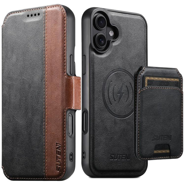 Suteni Q07S2 3-in-1 Detachable Vertical Flip Wallet MagSafe Splicing Leather Phone Case, For iPhone 16 Pro, For iPhone 16 Plus, For iPhone 16, For iPhone 15 Pro Max, For iPhone 15 Pro, For iPhone 15 Plus, For iPhone 15, For iPhone 14 Plus