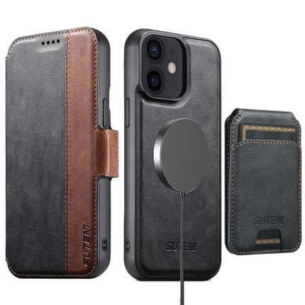 Suteni Q07S2 3-in-1 Detachable Vertical Flip Wallet MagSafe Splicing Leather Phone Case, For iPhone 13 Pro Max, For iPhone 13 Pro, For iPhone 13, For iPhone 12, For iPhone 12 Pro Max, For iPhone 12 Pro
